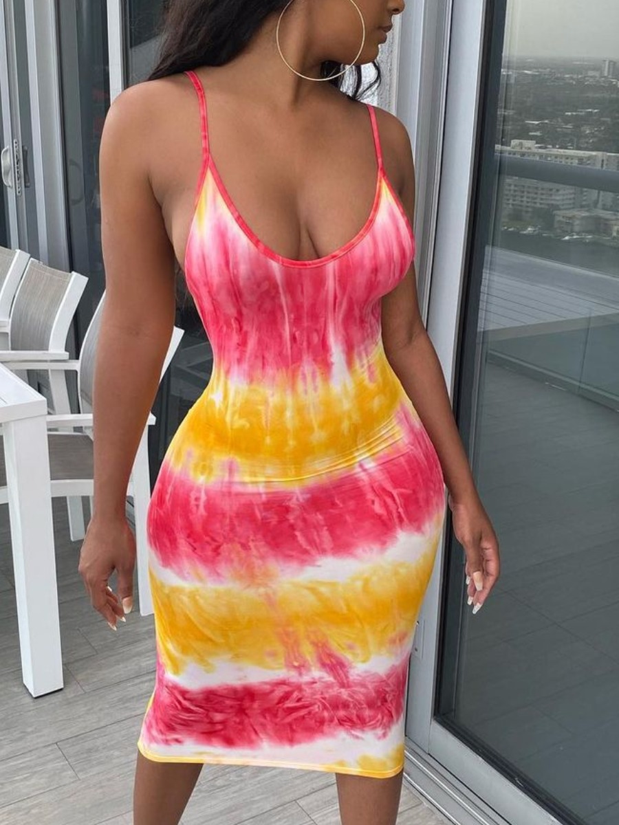 

Lovely Casual U Neck Tie-dye Yellow Knee Length Dress