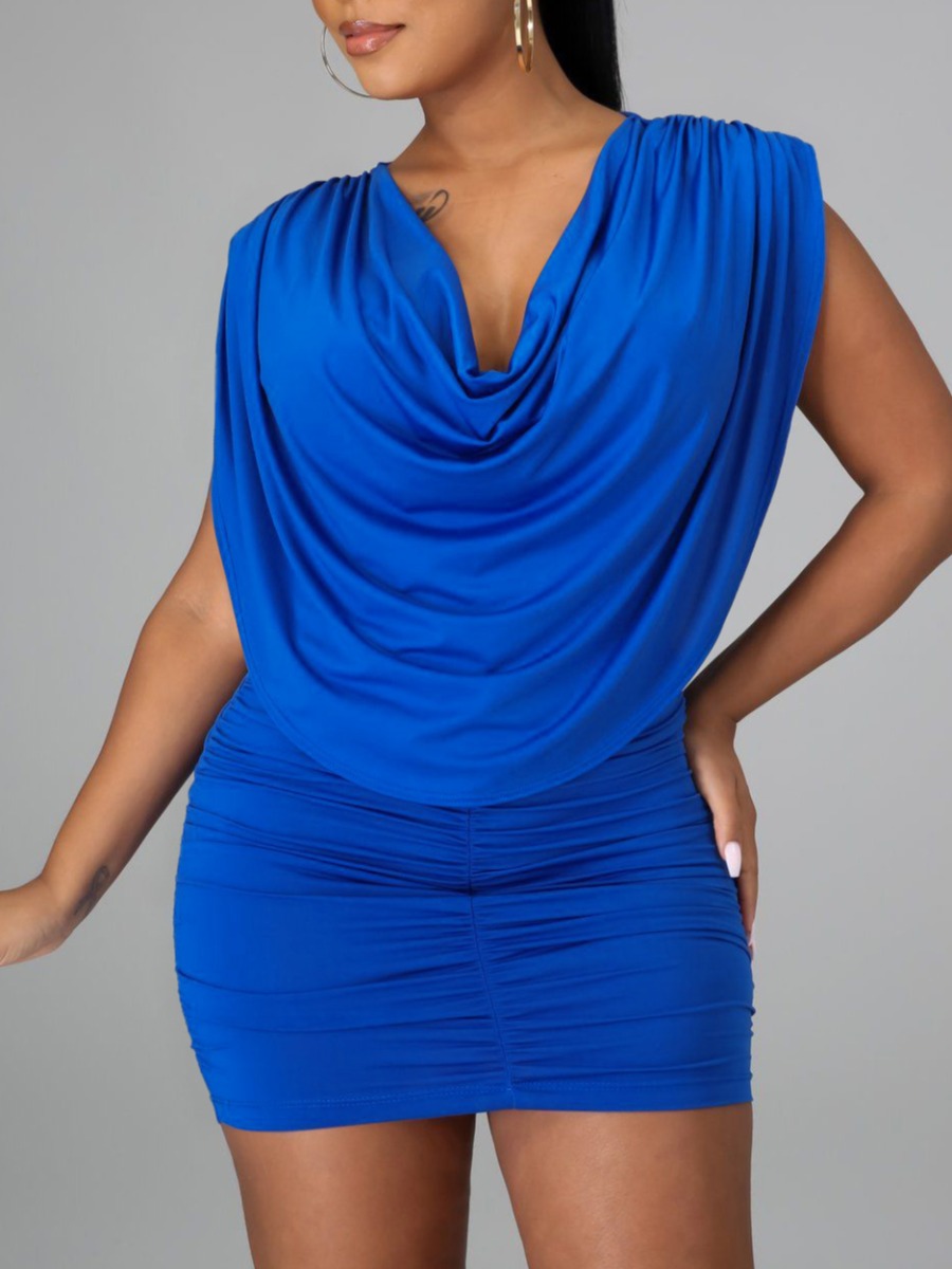 

Lovely Sweet Cowl Neck Fold Design Blue Mini Dress