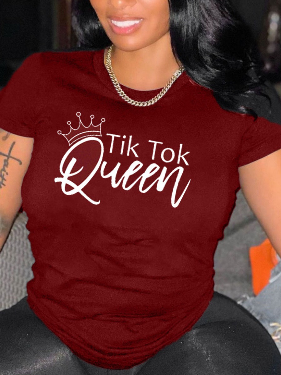 

Lovely Plus Size Casual Crown Letter Print Wine Red T-shirt