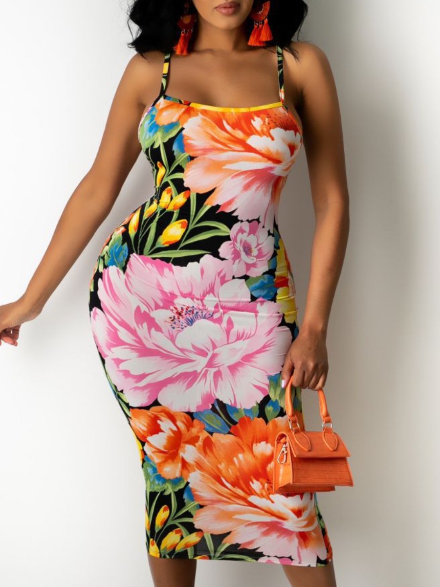 

Lovely Street Backless Floral Print Multicolor Mid Calf Dress, Multi