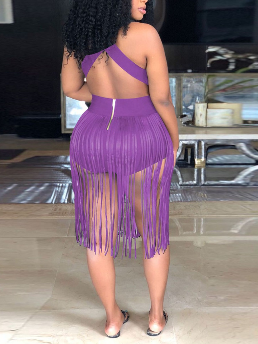 LW Plus Size Boho Backless Tassel Design Purple One-piece Swimsuit