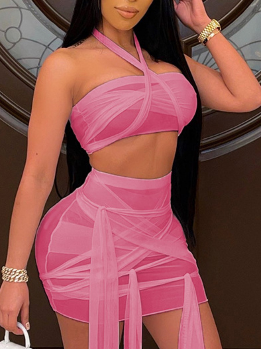 

Lovely Sexy Off The Shoulder Bandage Design Pink Two Piece Skirt Set