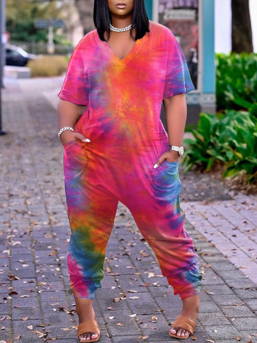 

LW Plus Size Street Dropped Shoulder Tie-dye Multicolor One-piece Jumpsuit, Multi