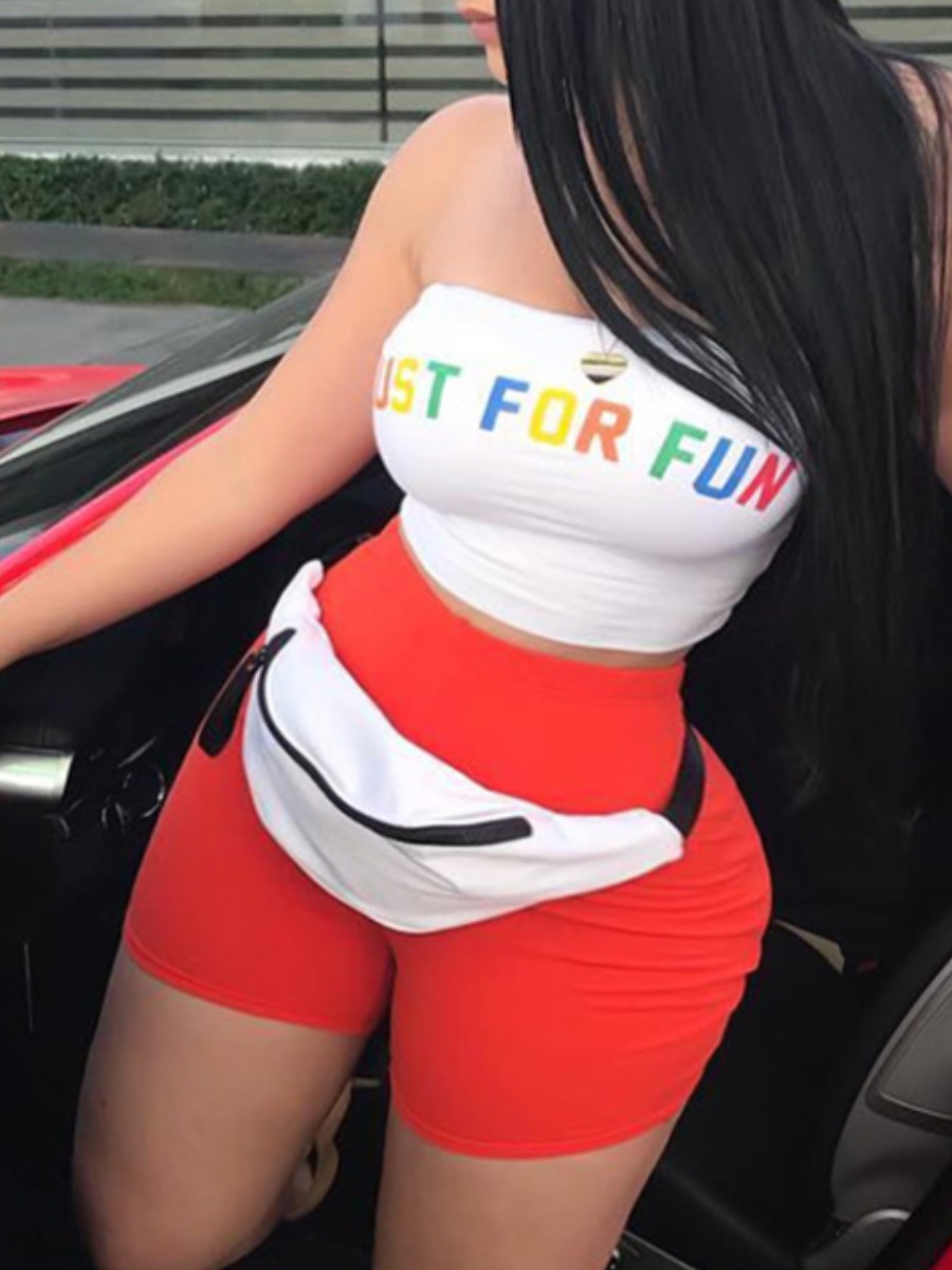 

Lovely Plus Size Sporty Off The Shoulde Letter Print White Two-piece Shorts Set(Without Bag), Red