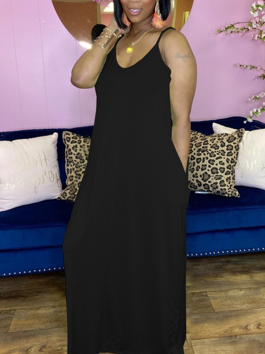 

Lovely Casual U Neck Pcket Design Black Floor Length Dress