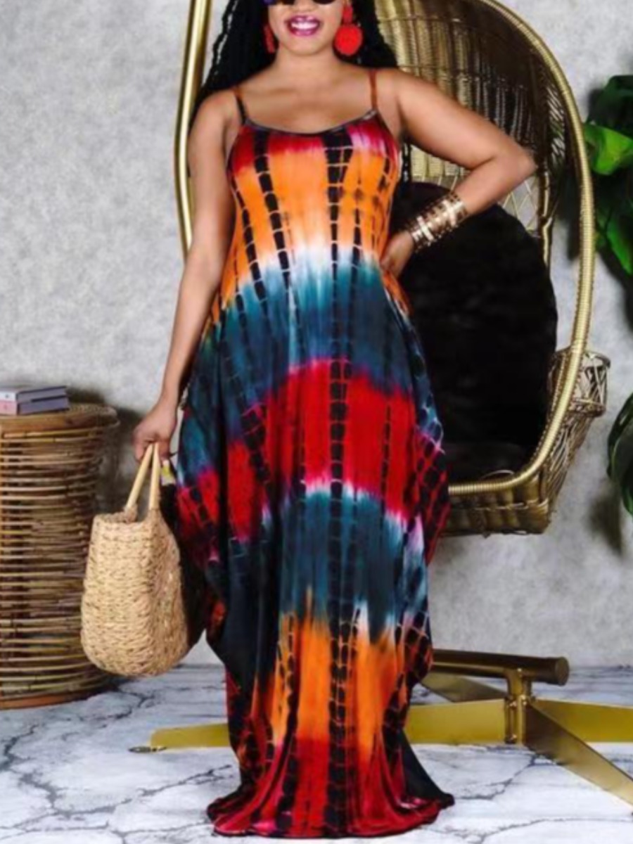 

LW Plus Size Boho Tie-dye Patchwork Multicolor Floor Length Dress, Multi