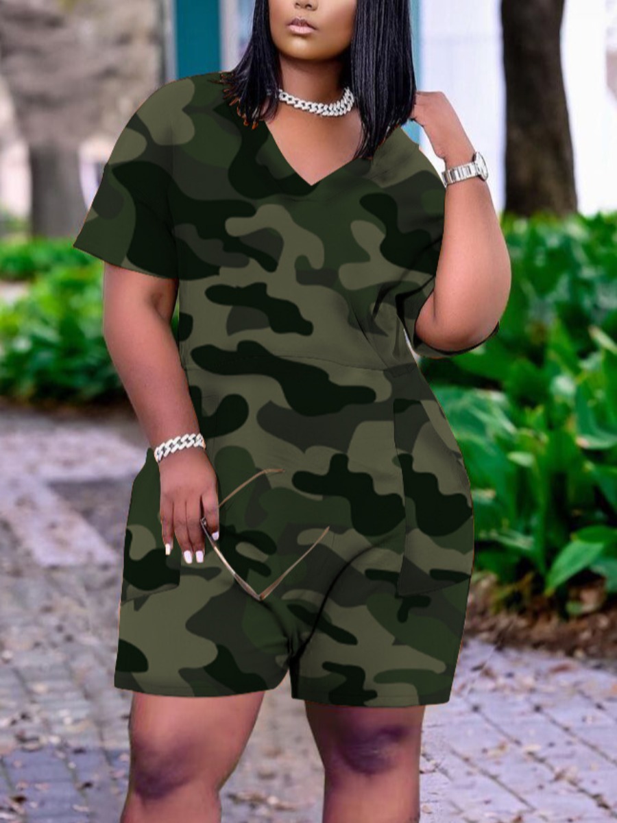 

LW Plus Size Street V Neck Camo Print One-piece Romper