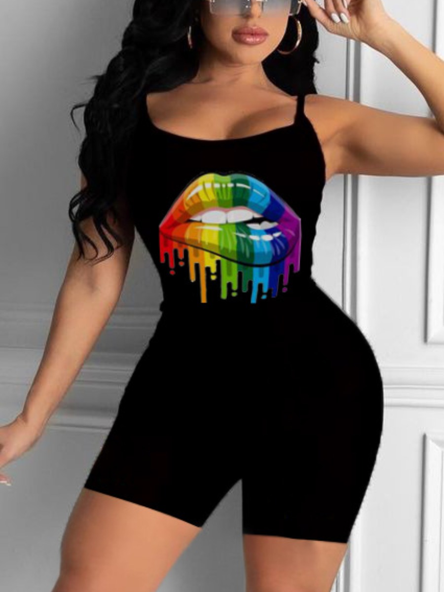 

Lovely Casual Lip Print Elastic Black One-piece Romper