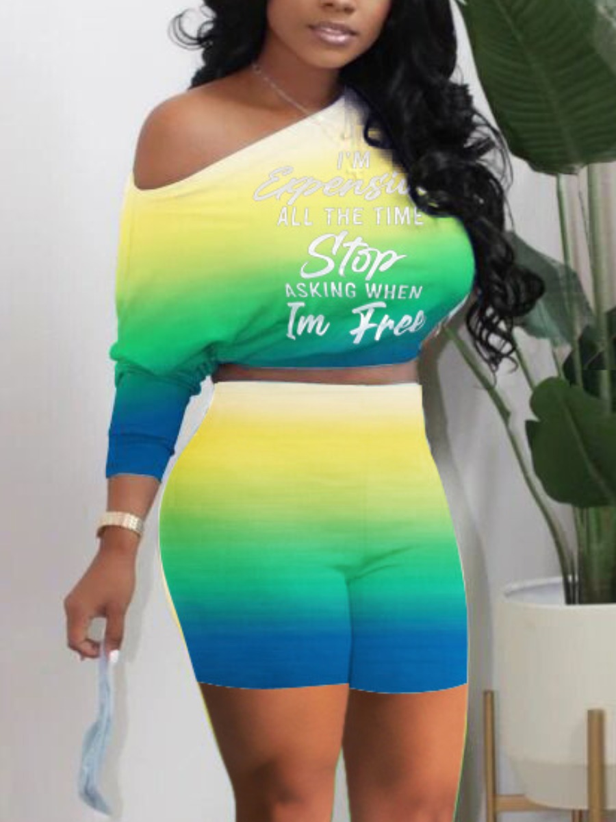 

Lovely Street Letter Print Gradient Green Two Piece Shorts Set