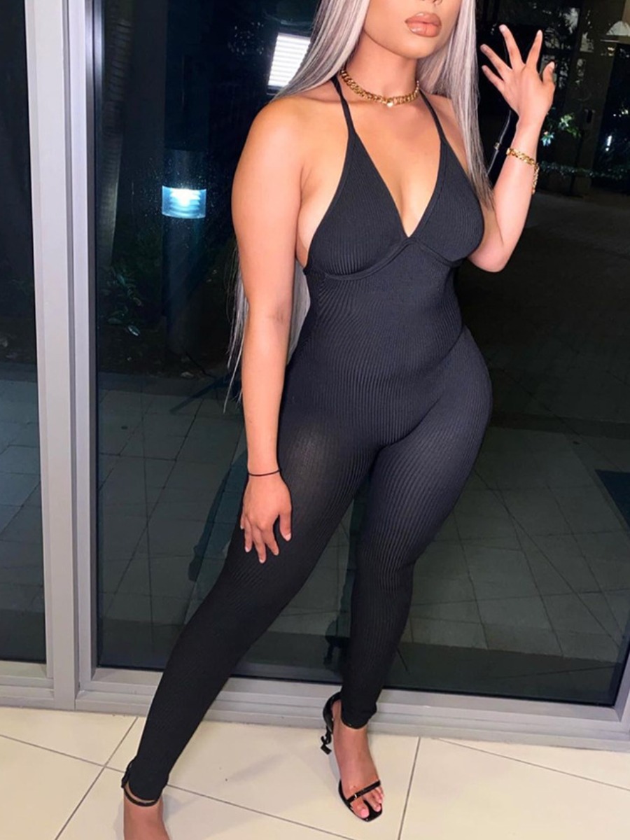 

Lovely Sexy V Neck Backless Black One-piece Jumpsuit