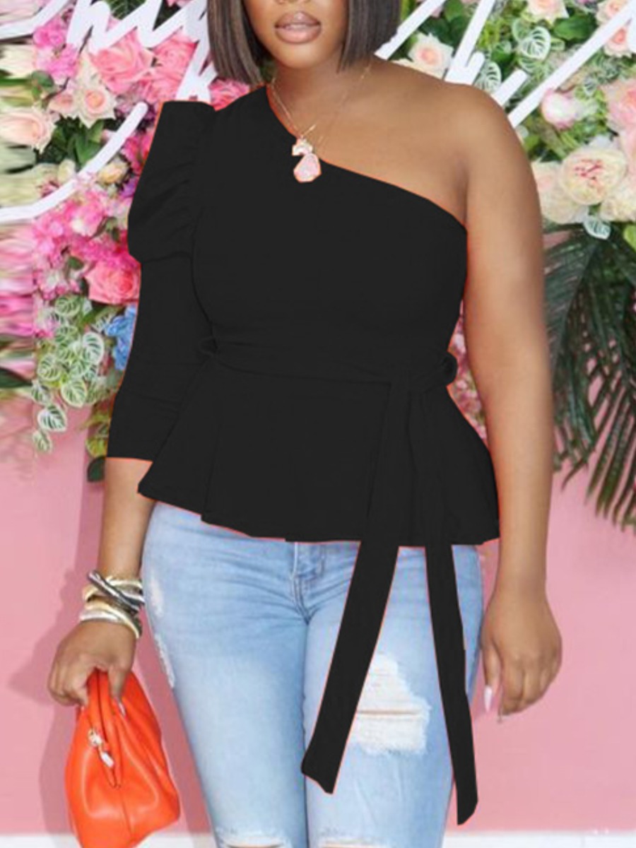 

LW SXY Sweet One Shoulder Bandage Ruffle Design Black Blouse