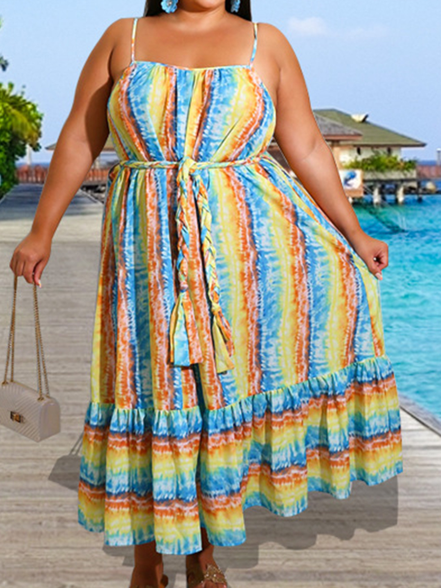 

Lovely Plus Size Boho Striped Bandage Design Yellow Ankle Length Dress