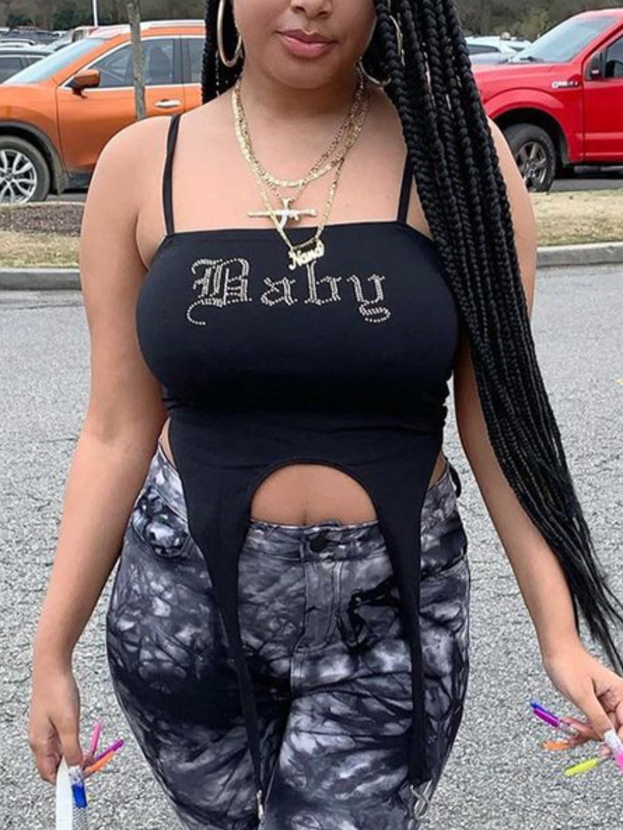 

Lovely Street Letter Print Asymmetrical Black Camisole