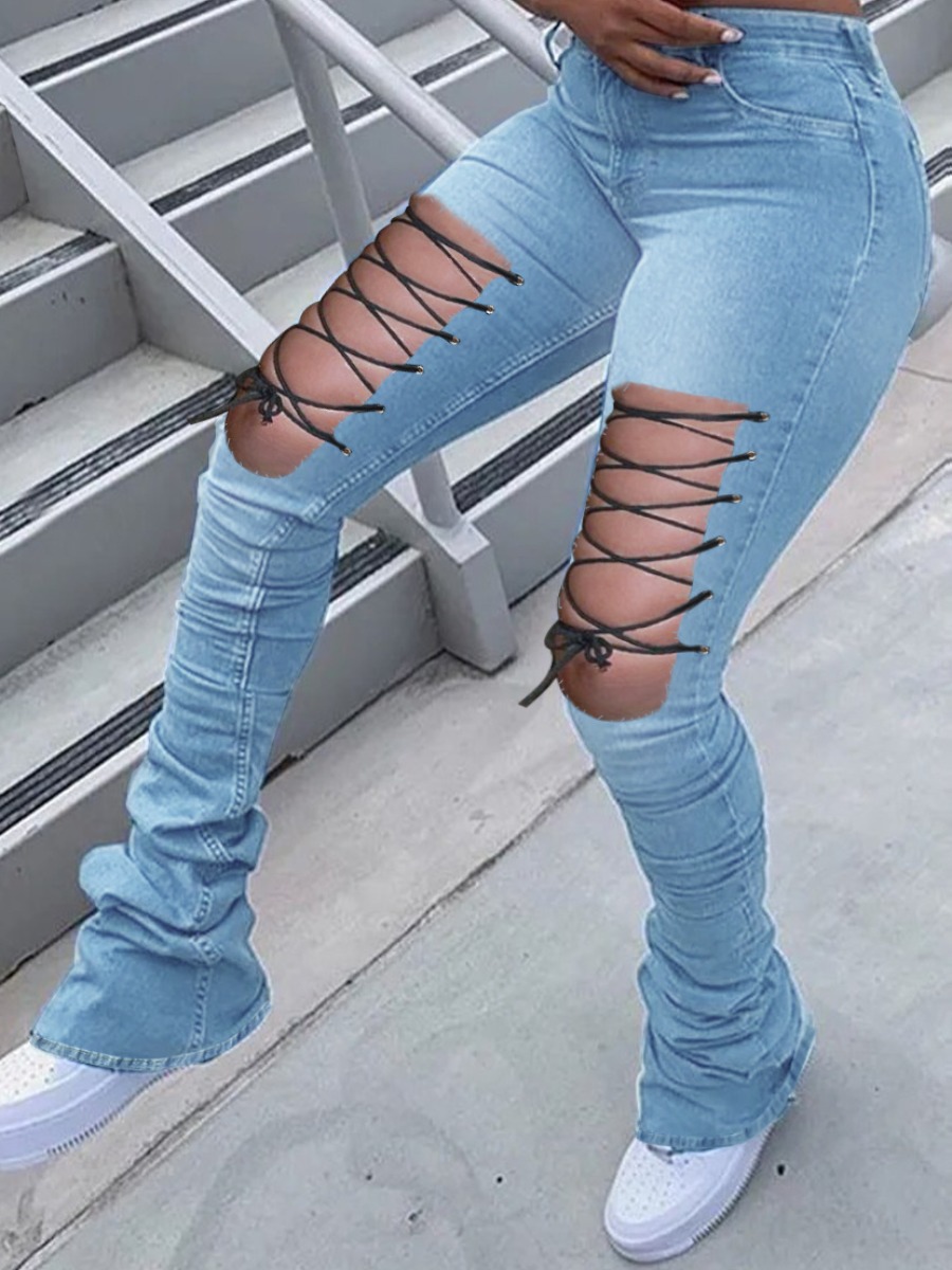 

Lovely Street Fold Bandage Hollow-out Design Skyblue Jeans