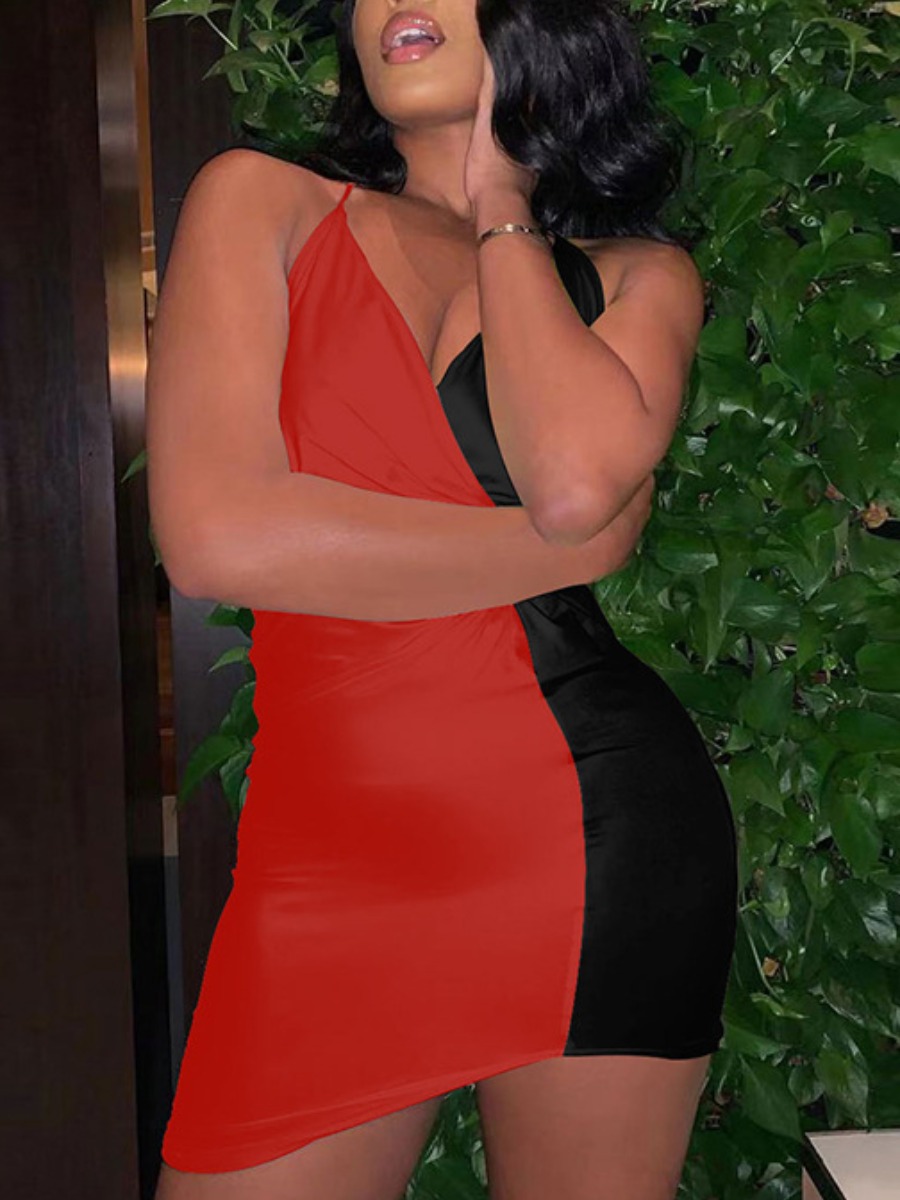 

LW Street V Neck Color-lump Red Mini Asymmetrical Dress