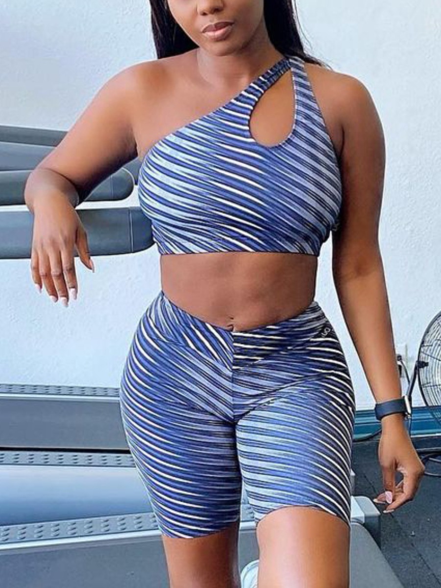 

LW Casual One Shoulder Hollow-out Striped Blue Two Piece Shorts Set
