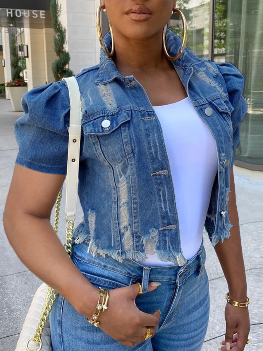 

Lovely Street Ruffle Design Ripped Deep Blue Denim Coat