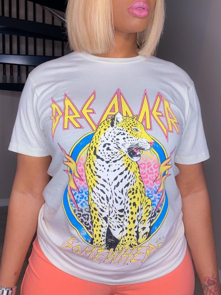 

Lovely Street Leopard Letter Print White T-shirt