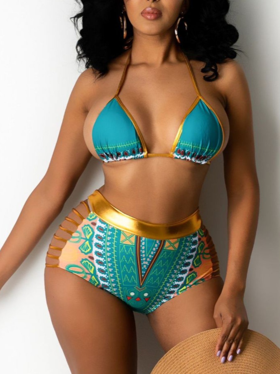 

Lovely Boho Geometric Print Hollow-out Baby Blue Two-piece Swimsuit