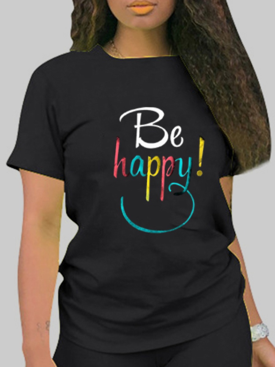 

Lovely Casual O Neck Letter Print Black T-shirt