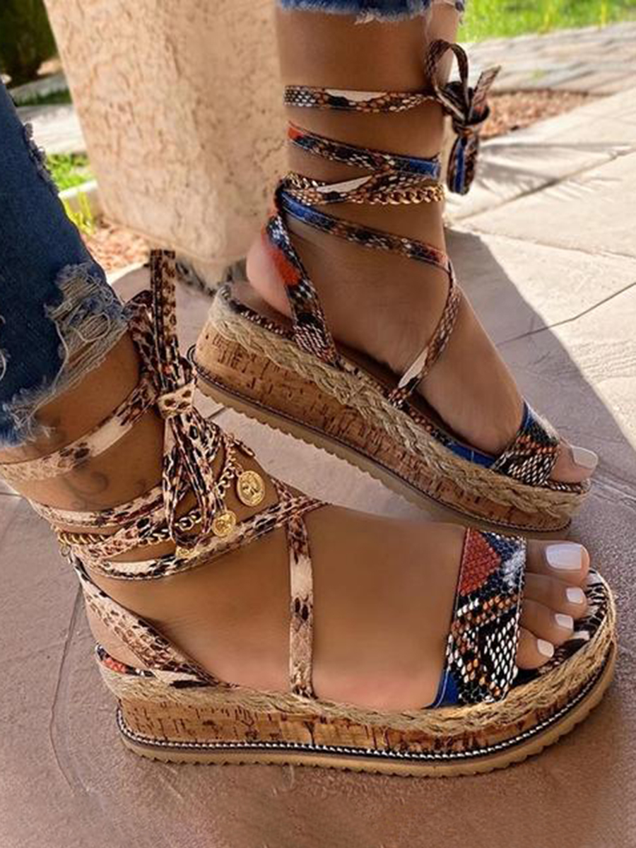 

LW Casual Cobra Print Wrap Up Khaki Platform Sandals