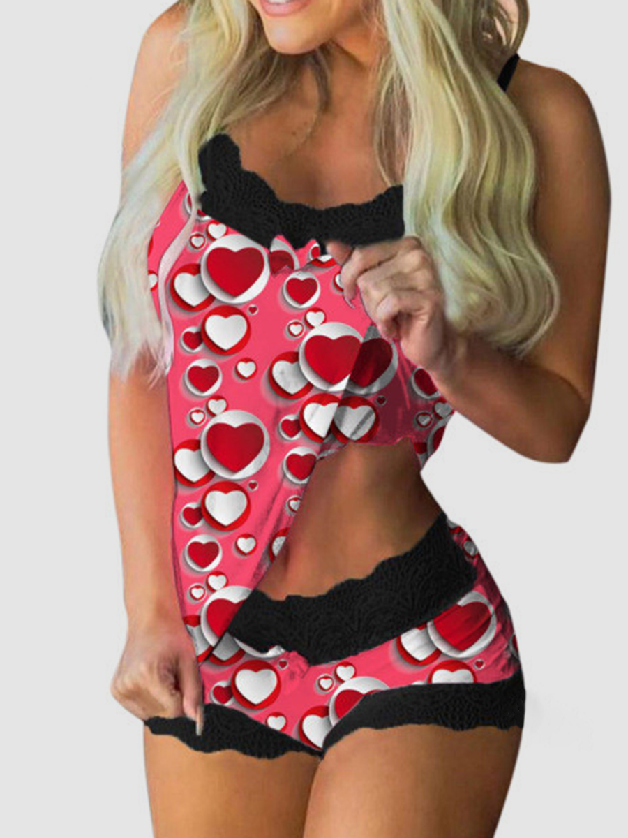 

Lovely Casual U Neck Heart-shaped Print Red Sleepwear, Pink