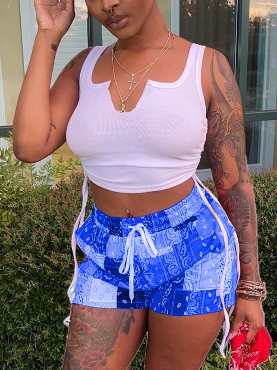 LovelyWholesale Rib-Knit Cashew Print Drawstring Shorts Set Summer Sleeveless Street Drawstring V Neck Spring Summer 2024