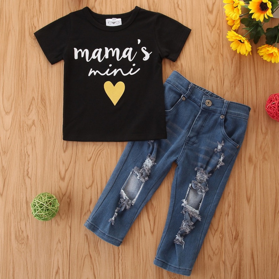 

Lovely Girl Sweet Letter Print Ripped Black Two Piece Pants Set