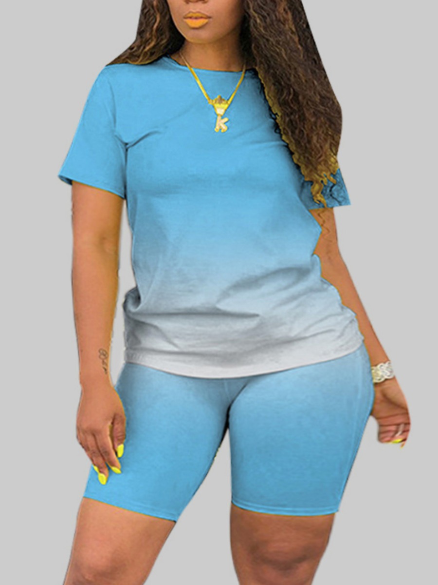 

LW Plus Size Street O Neck Gradient Blue Two-piece Shorts Set