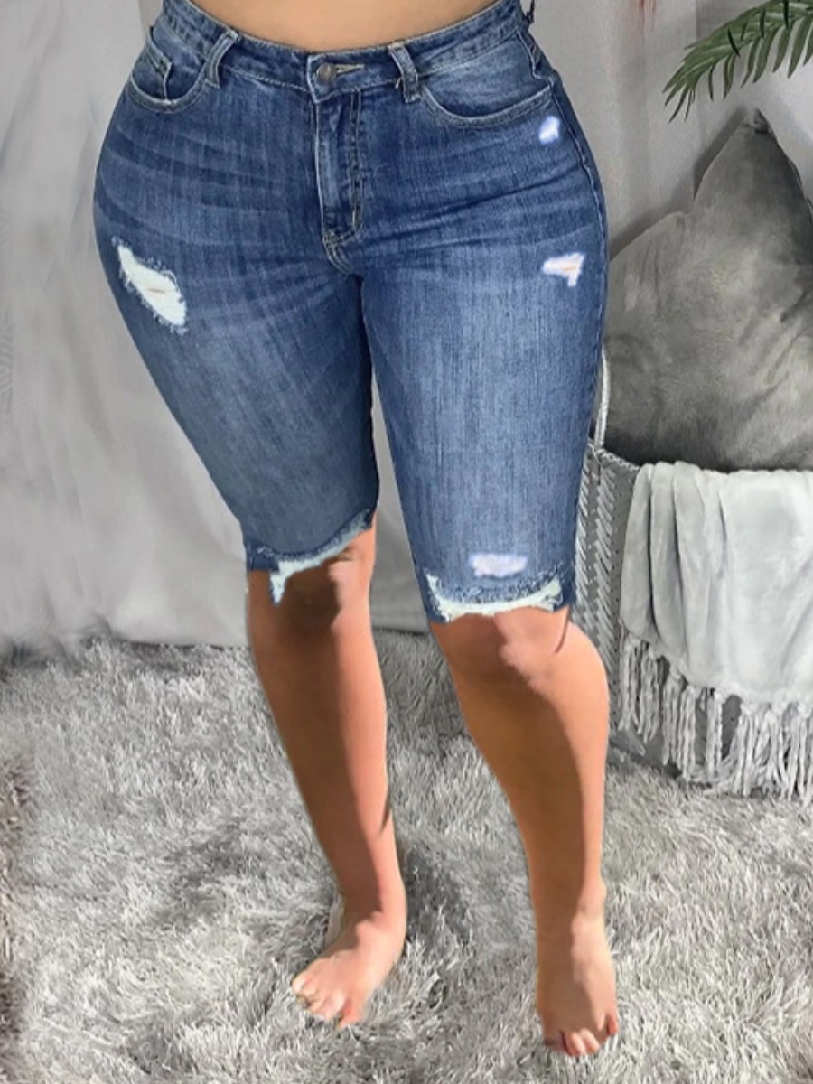 LovelyWholesale Casual High-waisted Ripped Deep Blue Denim Shorts Summer Casual Ripped Spring Summer 2024
