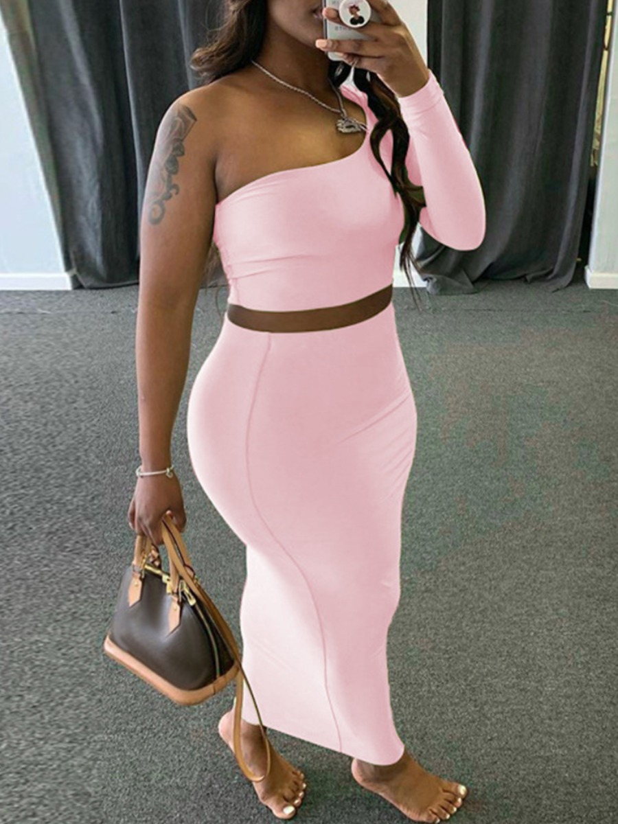 

Lovely Plus Size Casual One Shoulder Basic Skinny Pink Two-piece Skirt Set