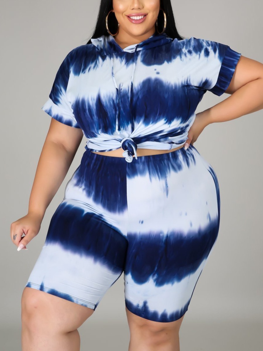 

LW Plus Size Casual Hooded Collar Tie-dye Blue Two-piece Shorts Set