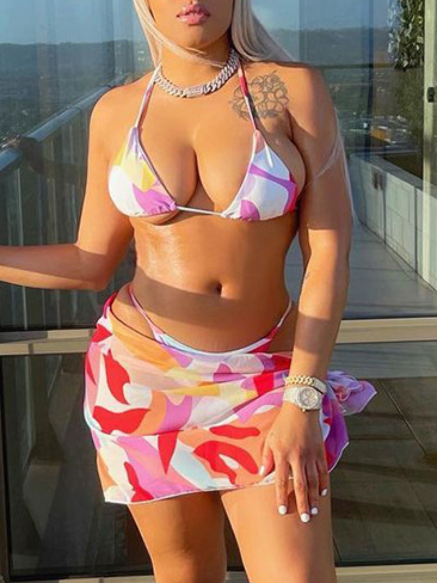 

Lovely Boho Print Bandage Design Multicolor Three-piece Swimsuit, Multi