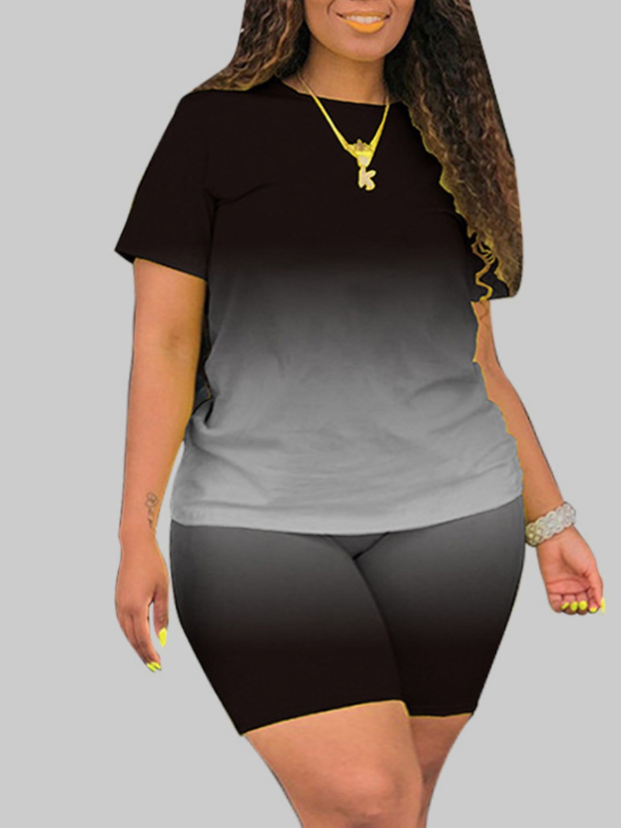 LW Plus Size Street O Neck Gradient Black Two-piece Shorts Set