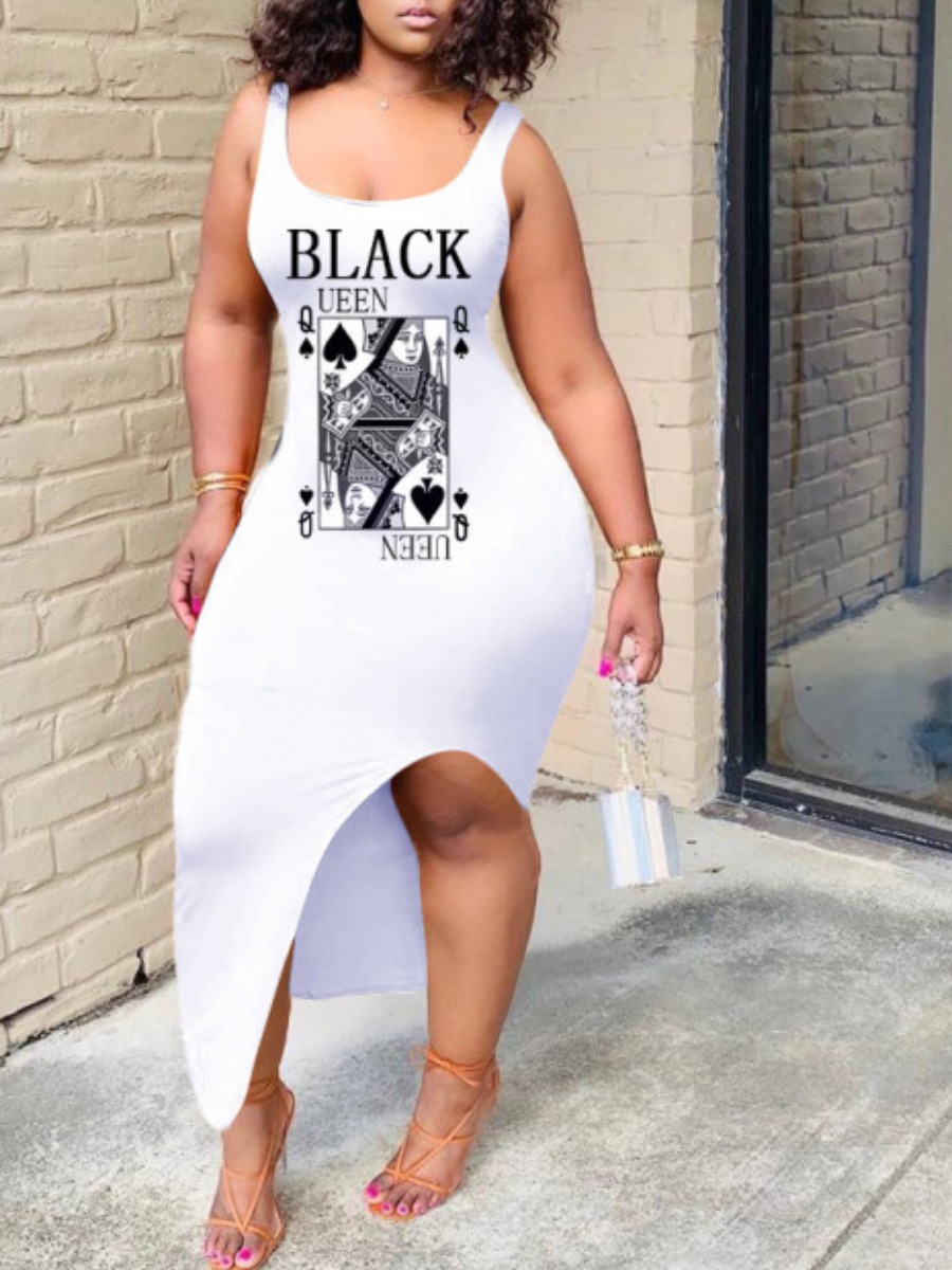 

Lovely Plus Size Street Poker Letter Print Split White Ankle Length Dress