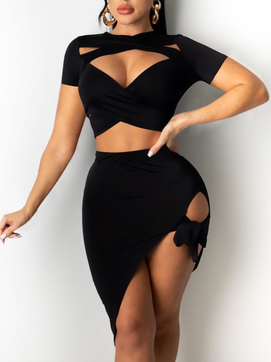 

Lovely Sexy Bandage Hollow-out Design Black Two Piece Skirt Set
