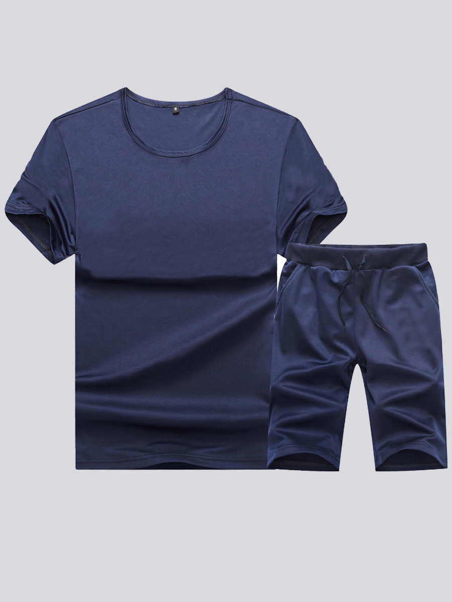 

Lovely Men Casual O Neck Drawstring Blue Two Piece Shorts Set