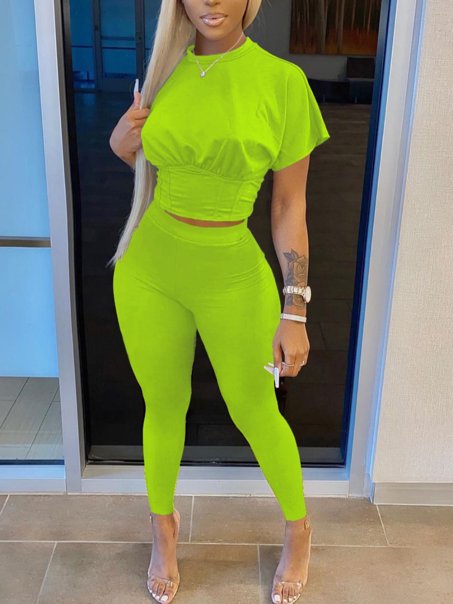 

Lovely Sporty O Neck High-waisted Green Two Piece Pants Set