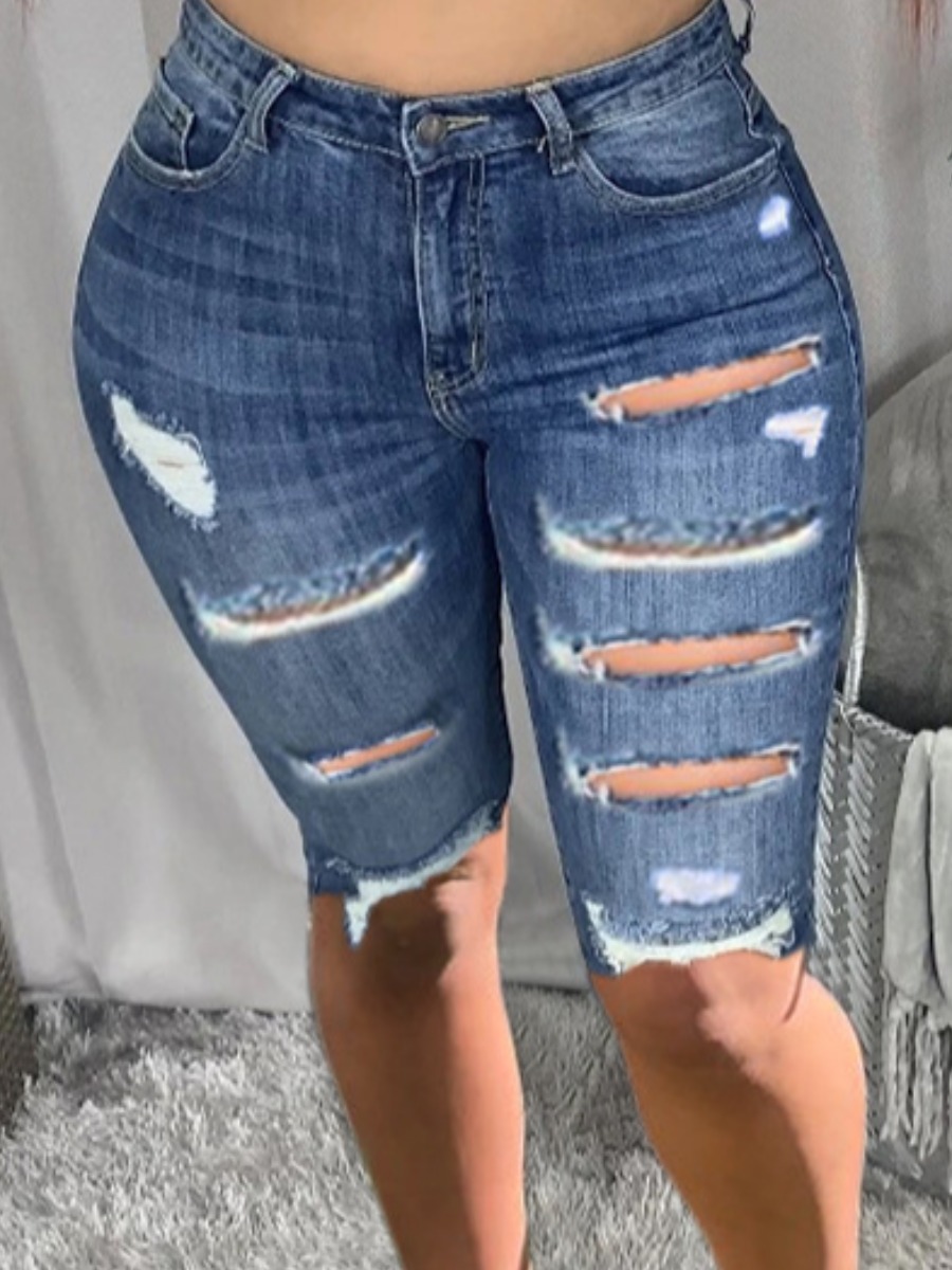 

Lovely Street High-waisted Ripped Deep Blue Denim Shorts