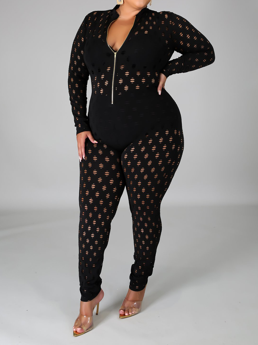 

Lovely Plus Size Sexy Hollow-out Zipper Design Black One-piece Jumpsuit