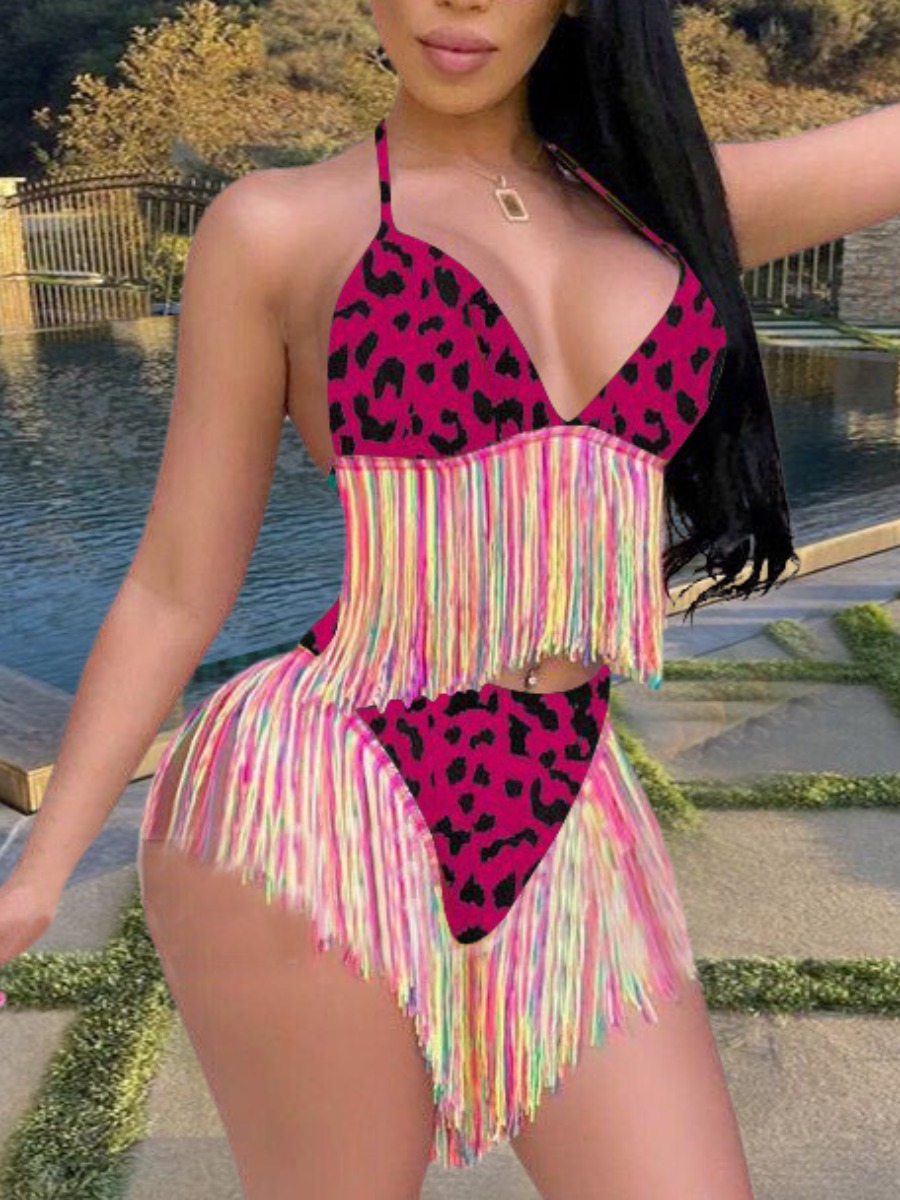

Lovely Boho Leopard Print Tassel Design Rose Red Two-piece Swimsuit