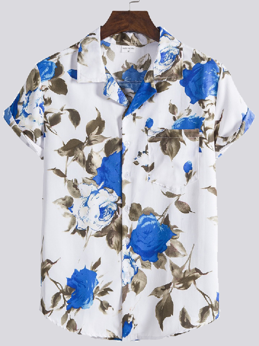 

Lovely Men Boho Turndown Collar Floral Print White Shirt