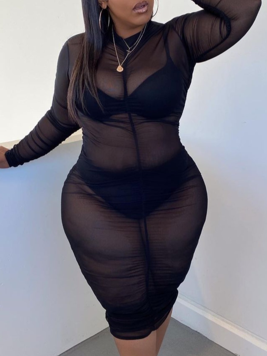 

LW Plus Size Sexy O Neck See-through Black Knee Length Dress