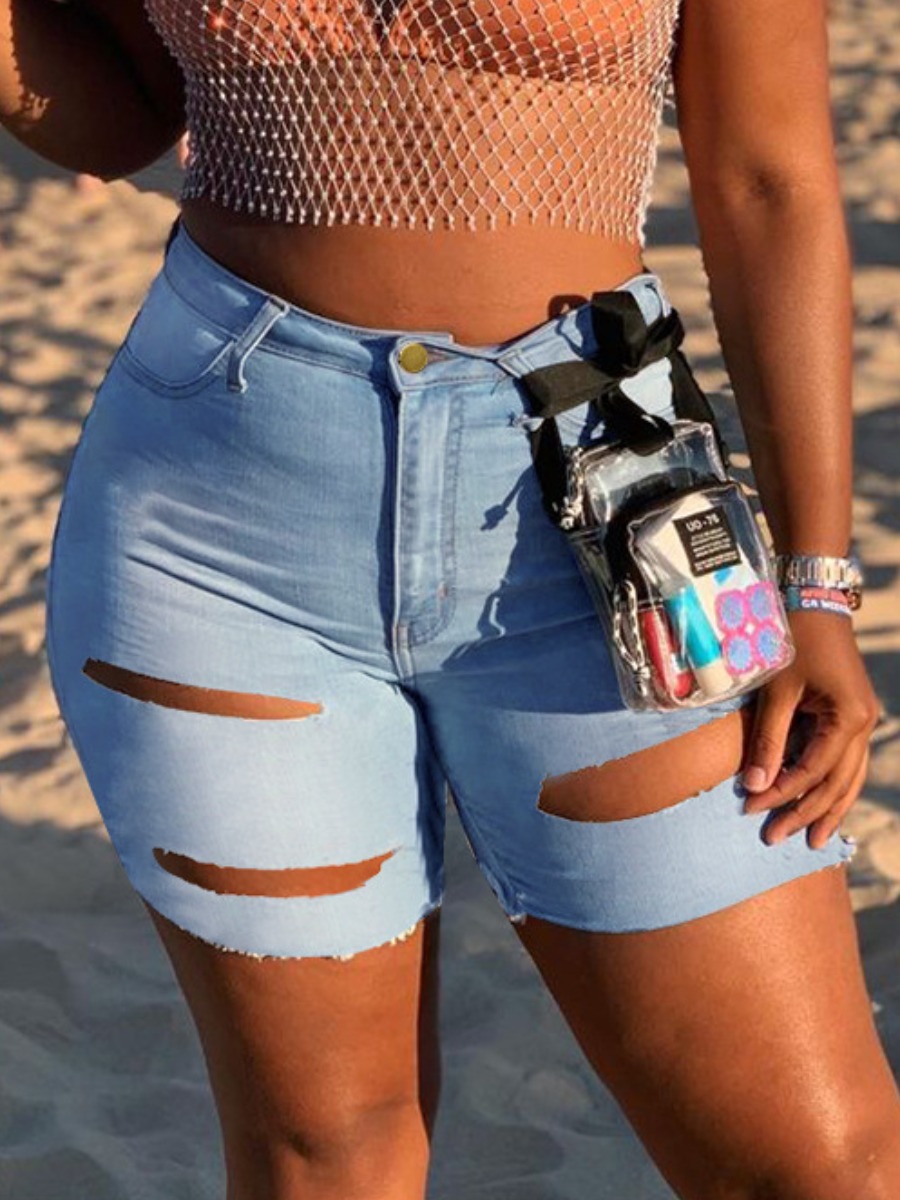 

Lovely Casual Ripped Raw Edge Baby Blue Plus Size Denim Shorts