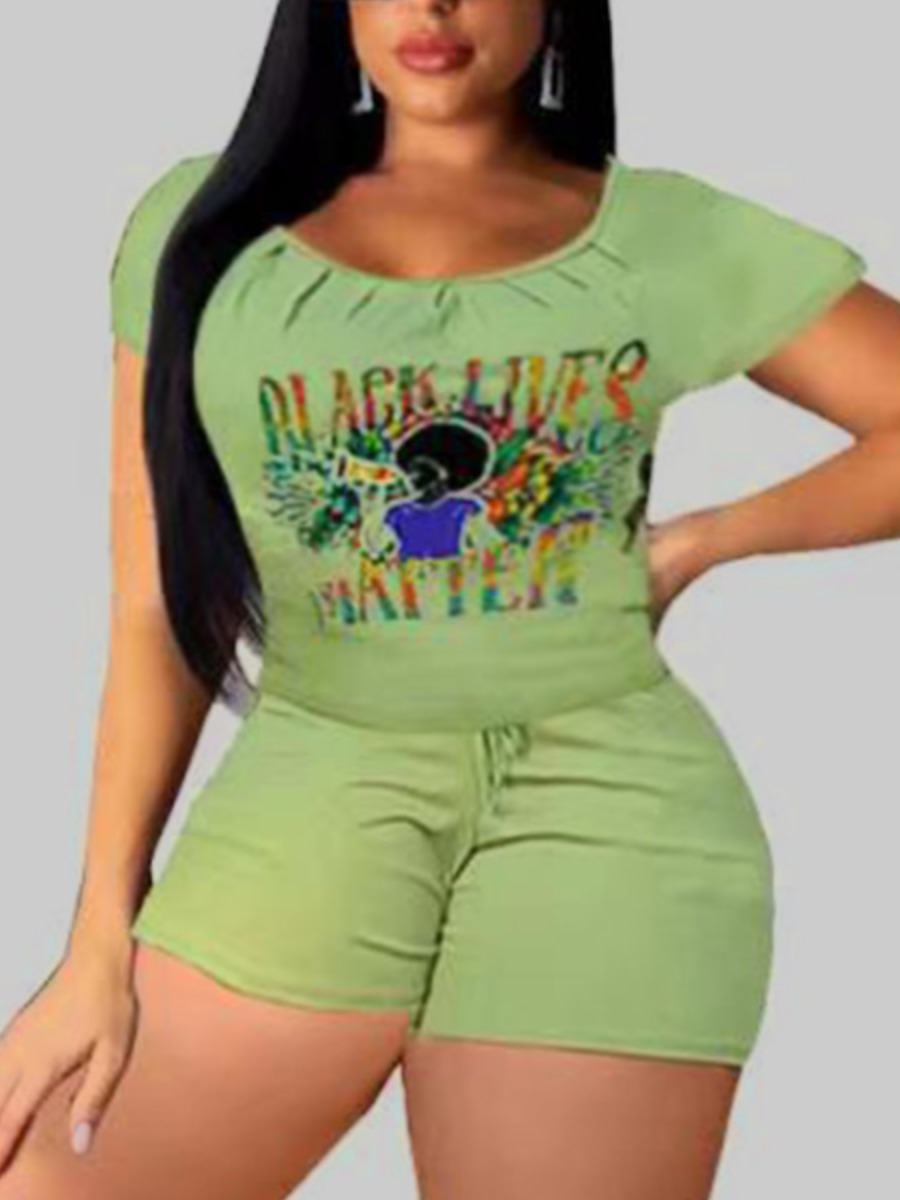 

Lovely Plus Size Casual Letter Print Drawstring Green Two-piece Shorts Set