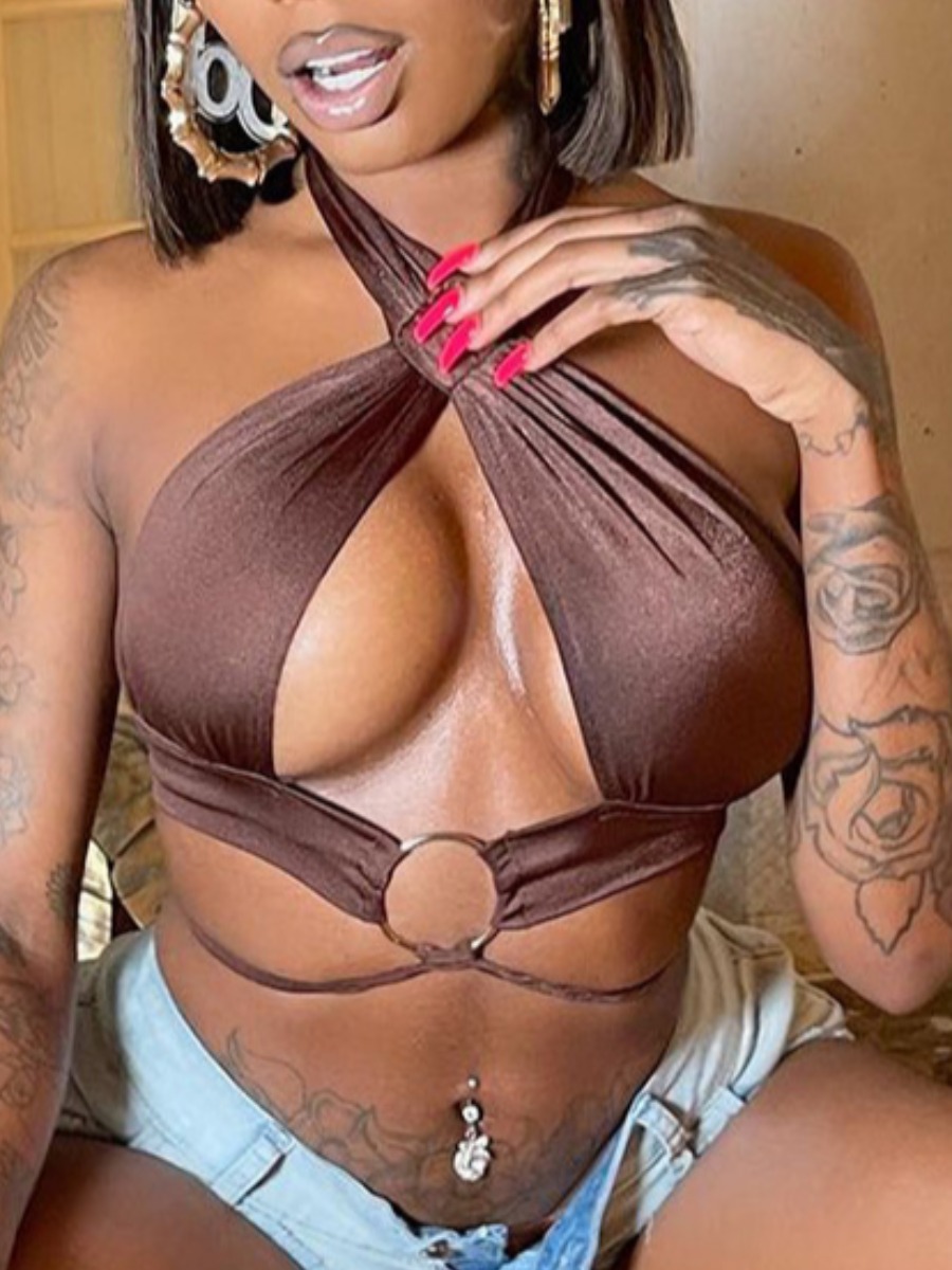 

Lovely Sexy Bandage Design Metal Ring Decoration Brown Camisole