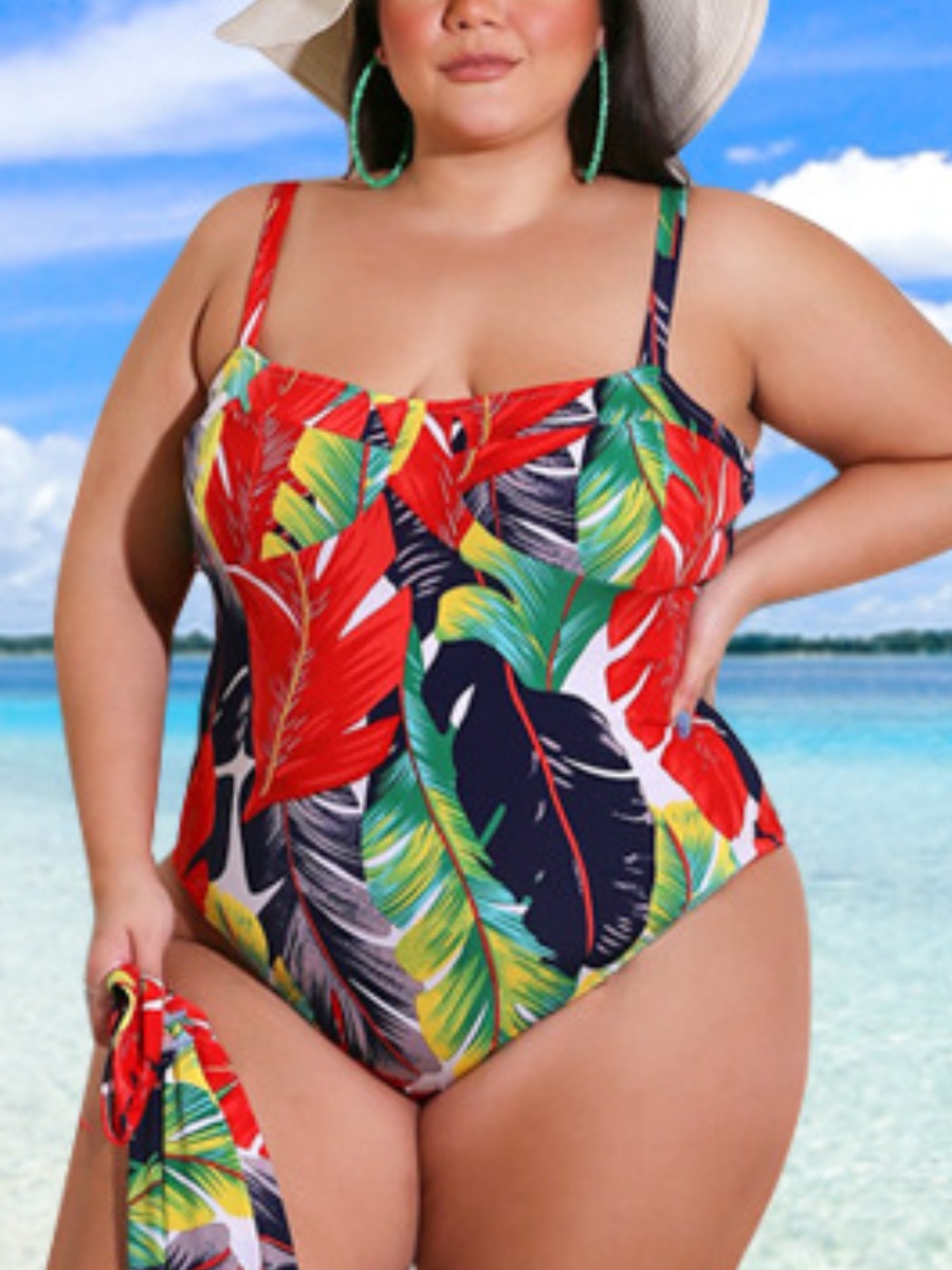 

Lovely Plus Size Boho Floral Print Patchwork Red One-piece Swimsuit