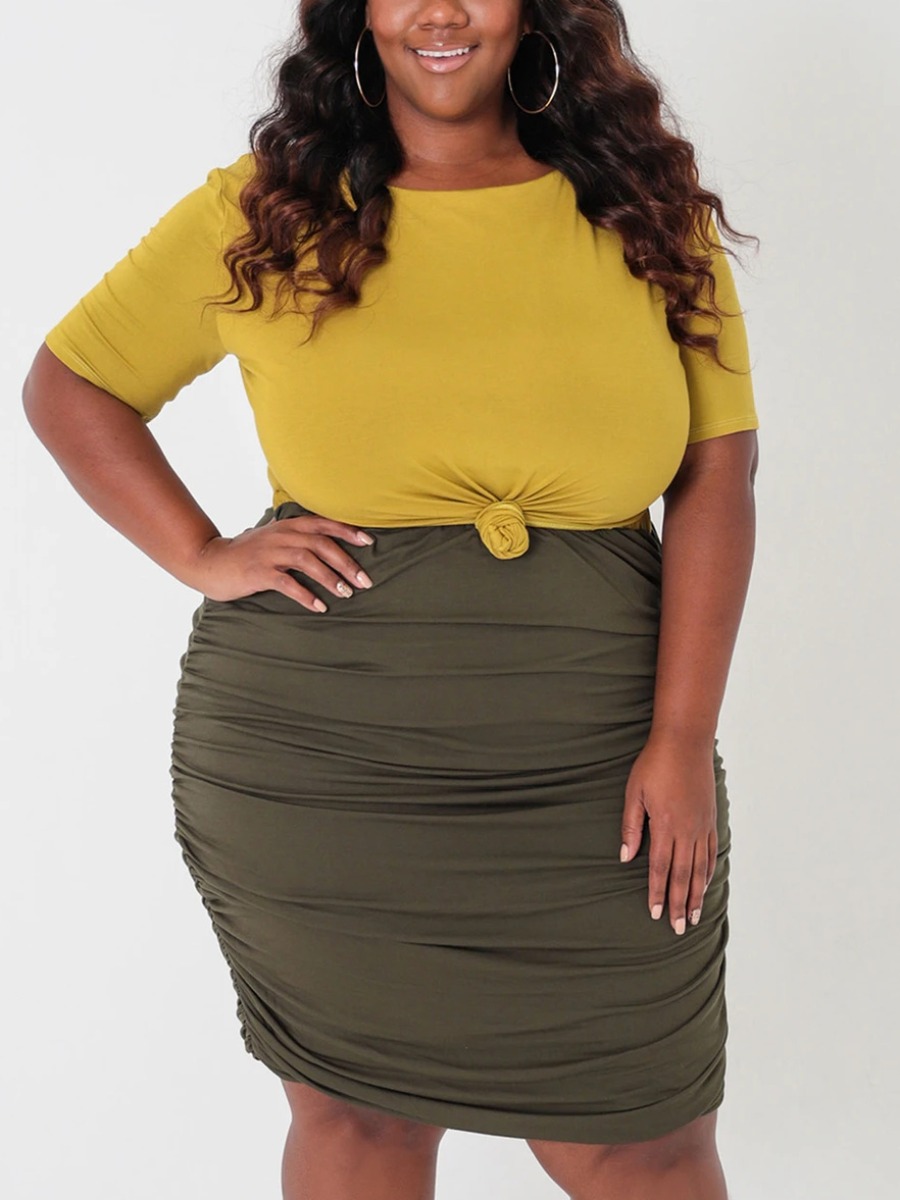 

Lovely Plus Size Casual O Neck Ruched Army Green Two-piece Skirt Set