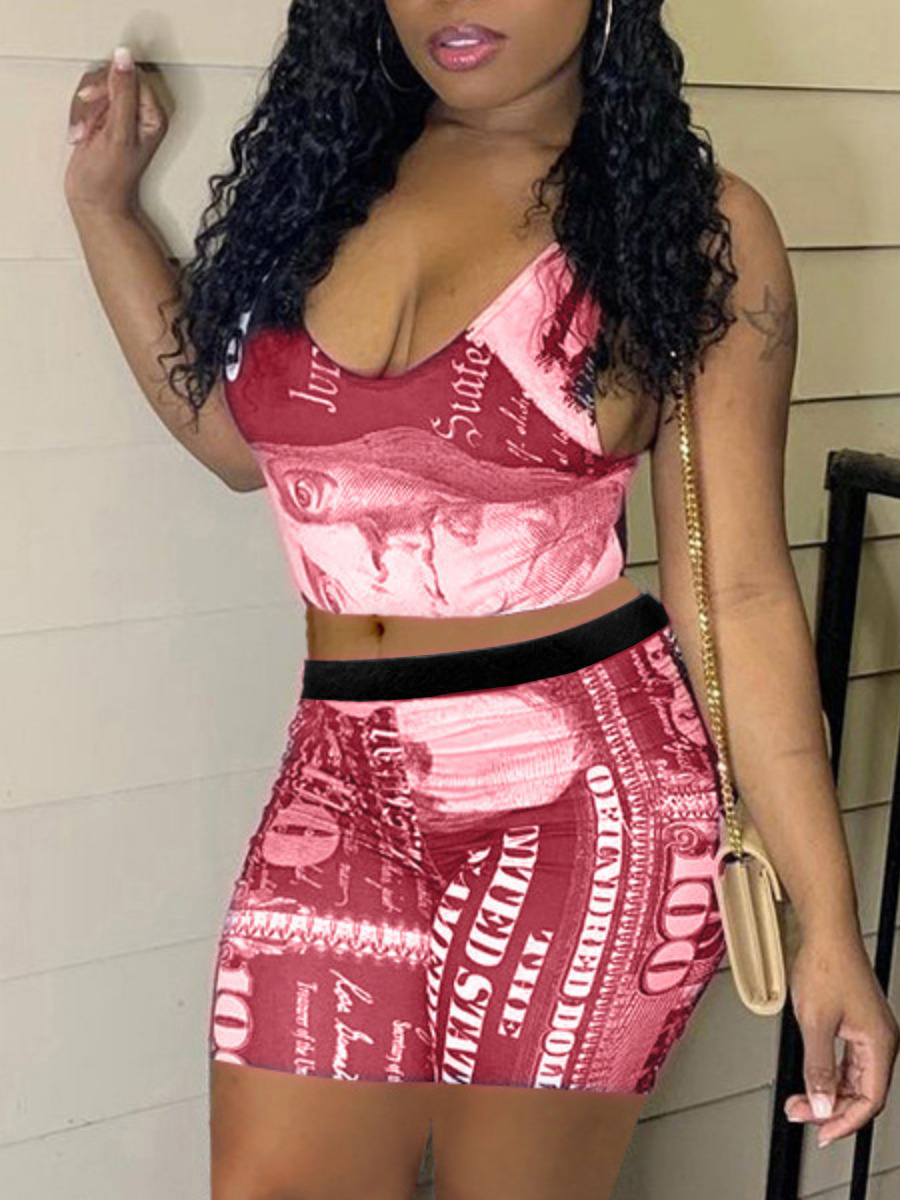 

Lovely Street Money Letter Print Red Two Piece Shorts Set