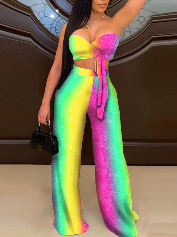 

Lovely Sweet Gradient Bandage Design Multicolor Two Piece Pants Set, Multi
